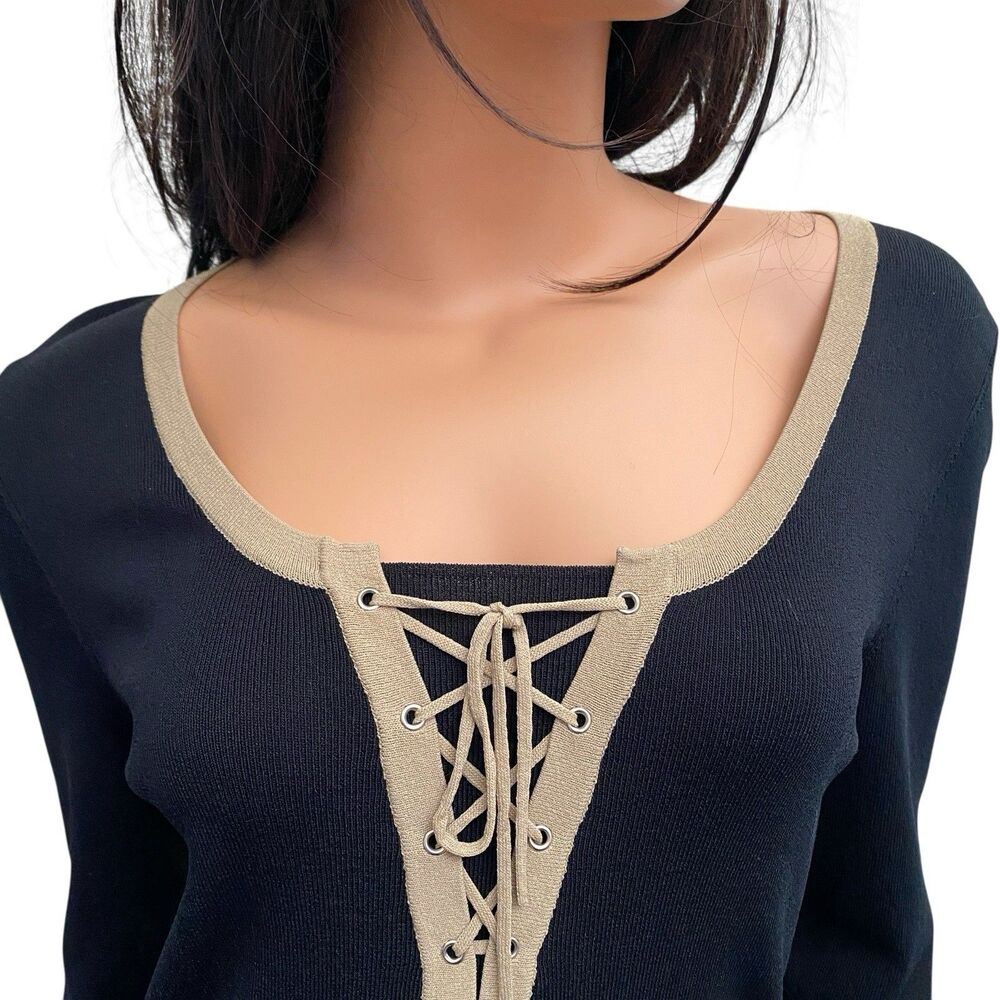 Cable & Gauge Lace up Pullover Top Sz M Black Tan Stretch Casual Blouse Shirt - Picture 2 of 8